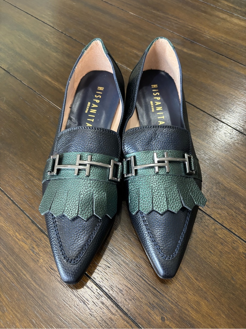 Hispanitas Spain Leather Horsebit Kiltie Loafers Metallic Green Size EU39